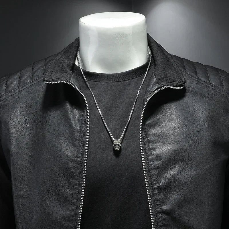 Men standing collar Jacke, leather motorcycle jacket men,bomber leather coat，fashion trend personalized leather winter clothing