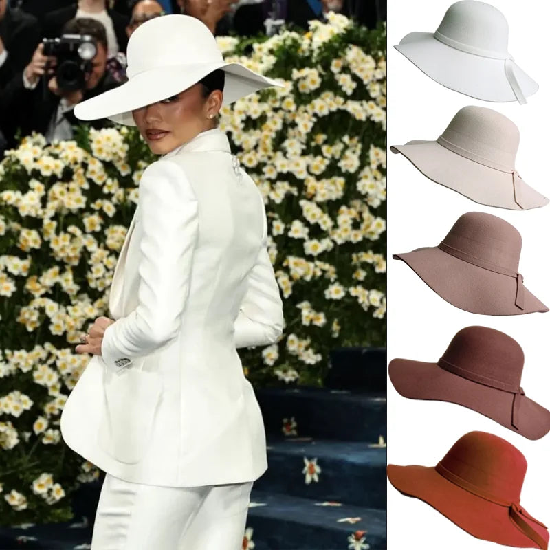 Women Hat  Autumn Winter Vintage Floppy Hat Women Elegant Felt Fedora Hat Wide Brim Sun Cap British Style Fedoras Felt Floppy