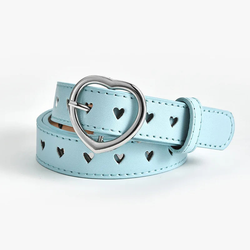 Children Leather Belt Cute Peach Heart Buckle Belts for Girls Solid Color Waistband Korean Fashion Love Heart Eyelet Waist Belt