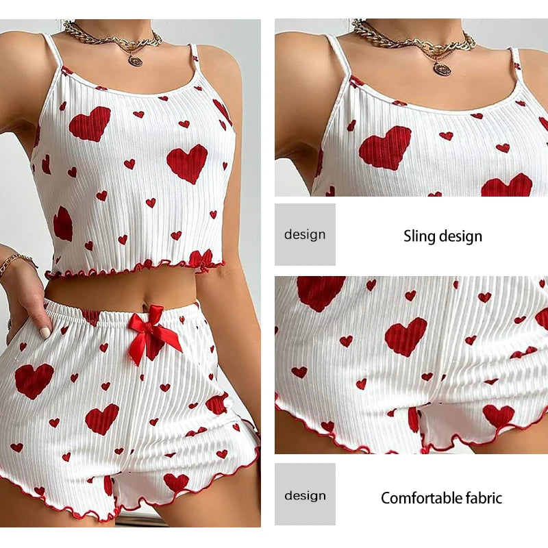 Teen girl Pajamas Set Sleepwear 2 PCS Short Tank Tops And Shorts S M L White Ventilate Soft Casual Love Printing