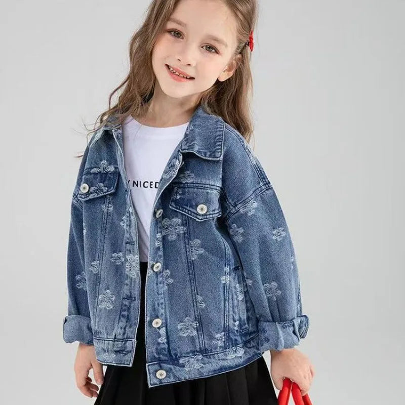 Girls Denim Jackets New Kids Fashion Cartoon Outerwear Children Long Sleeve Casual Clothing 4-14 Years Teenager Trends Coats