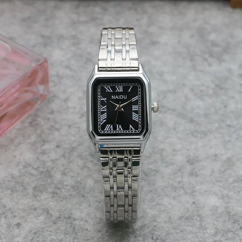 Women Quartz Watch Luxury Fashion Square Sliver Case Band Roman Numerals Dial Female Watches Niche New Ladies Dress Wristwatch