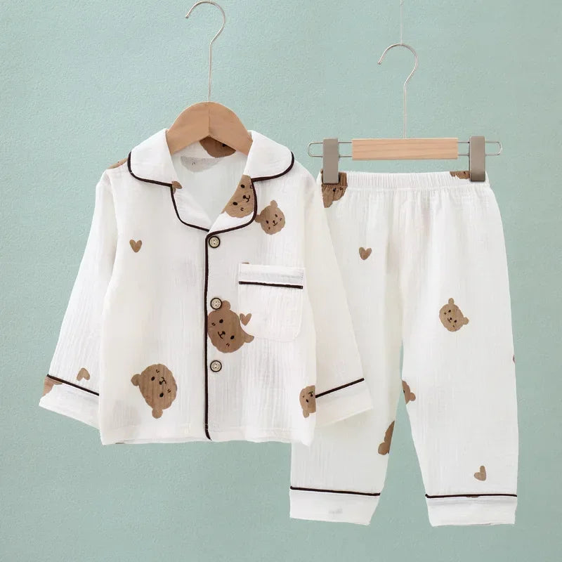 Kids Summer Thin Pajamas Sets New 2023 Boys Girls Cotton Linen Cartoon Long Sleeve Lapel Shirt Tops with Pants Baby Home Wear