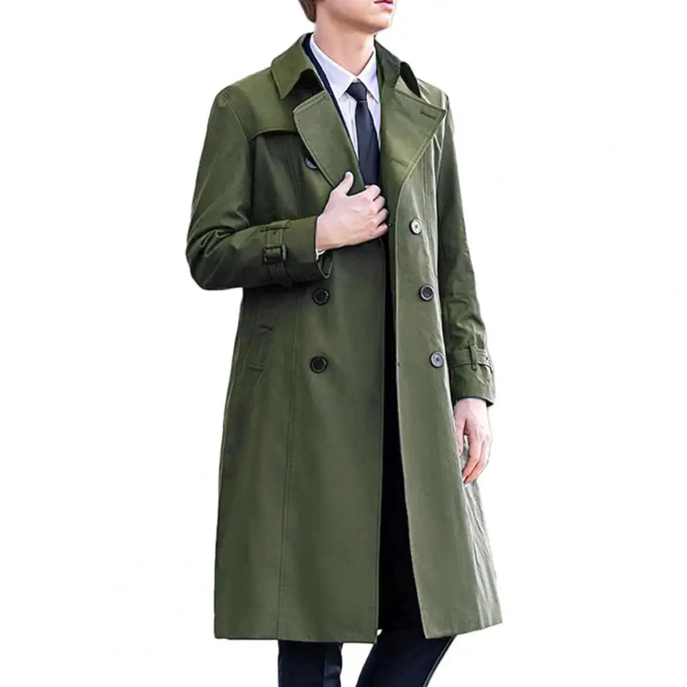 Men Windbreaker Coat Lapel Long Sleeve Double Breasted Mid-Length Trench Solid Color Casual Business Outerwear