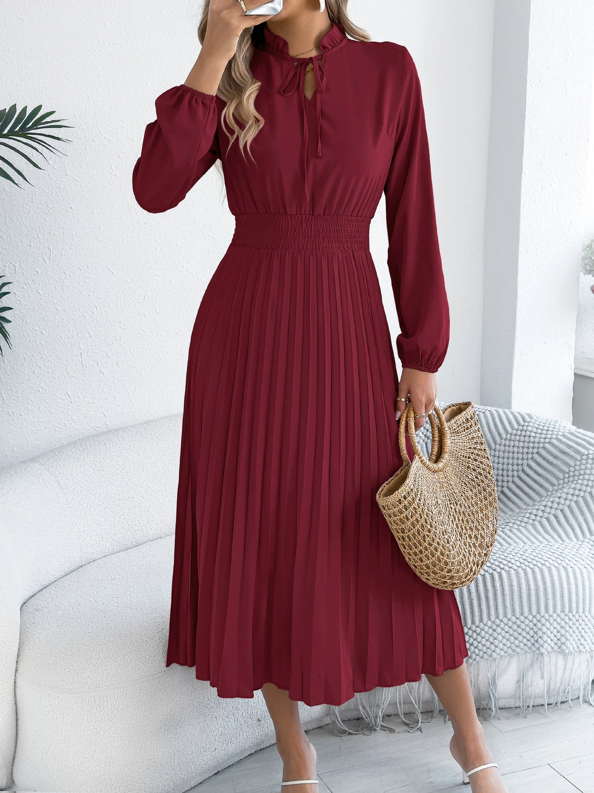Elegant Dresses for Women 2026 Autumn Winter Casual Solid Color V Neck Lace Up Pleated Maxi Dress Red Khaki Green Woman Dresses