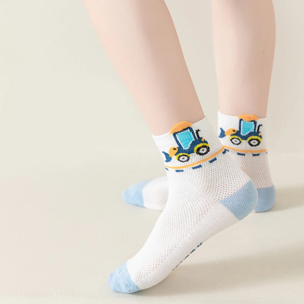 5 pairs of men's children's socks, cartoon construction vehicle mesh breathable short socks, kids' socks