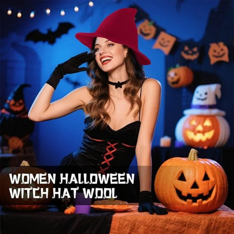 Women Witch Hat for Halloween Wool Hats Wide Brim Spire Knitted Cap Party and Daily