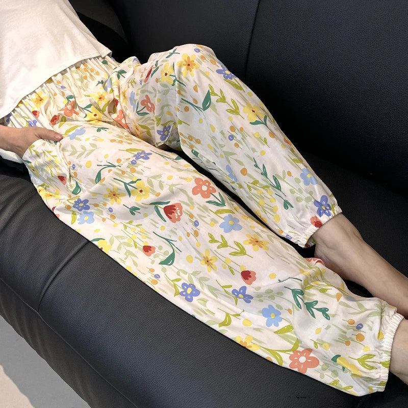 Cool Summer New Silk Cotton Spwear Loose Women's Wide Leg Pants Home Wear Floral Print Heat Resistant Comfortable Casual T...