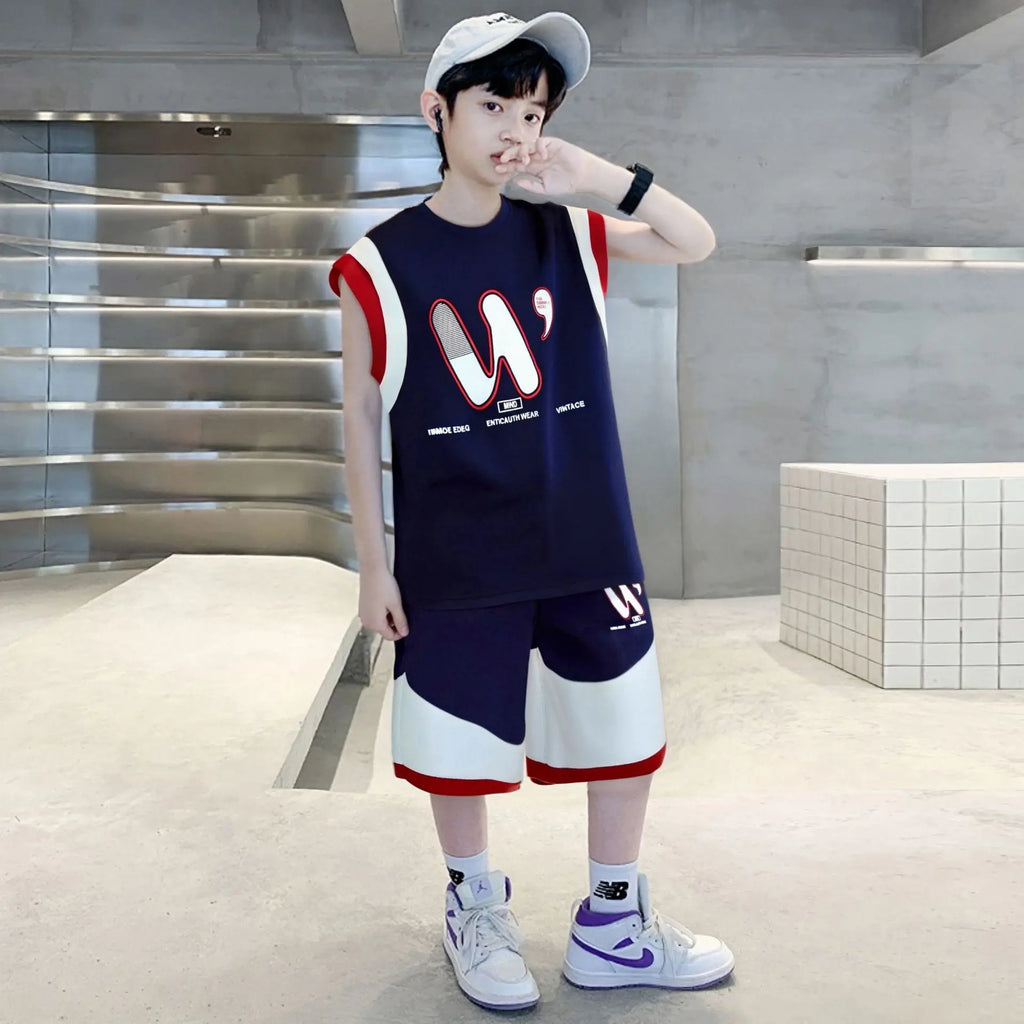 New Casual Breathable Children's Clothing Medium Large Kid Boy Girl Vest Shorts Set Kids Vest Basketball Jersey Quick-Dry Set
