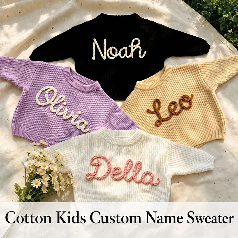 Personalized Baby Cotton Sweater Custom Name Hand Embroidery Knitted Pullover for Boys Girls Autumn Winter Kids Knitwear 0-7T