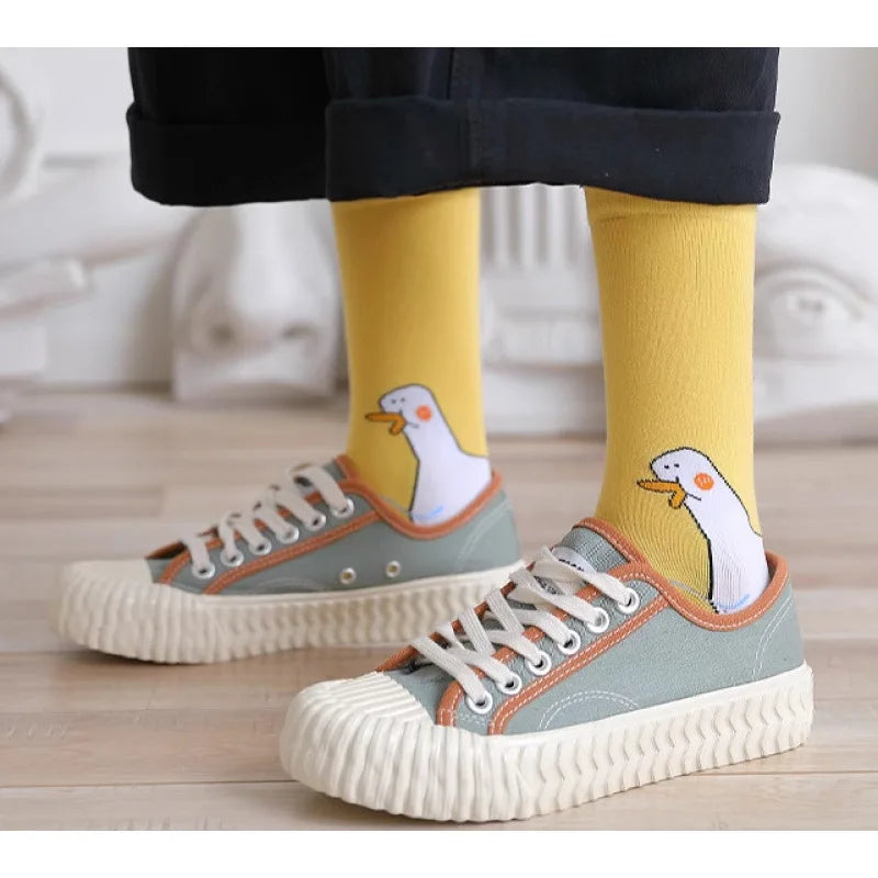 1 Pair Sock Women Mid Tube Socks Instagram Popular Trendy Creative Cute Duck Cartoon Cotton College Style High Tide Socks