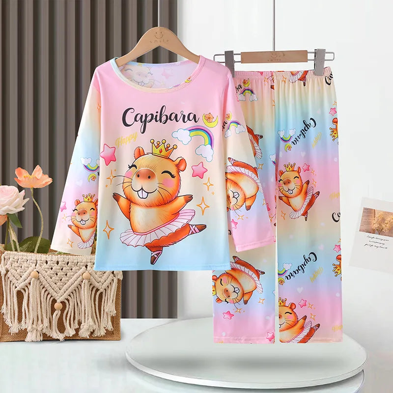 Capibara Kids Pajama Sets Long Sleeve Loungewear with Cute Animal Print Soft Sleepwear for Boys Girls Cartoon Sleepwear Outfit