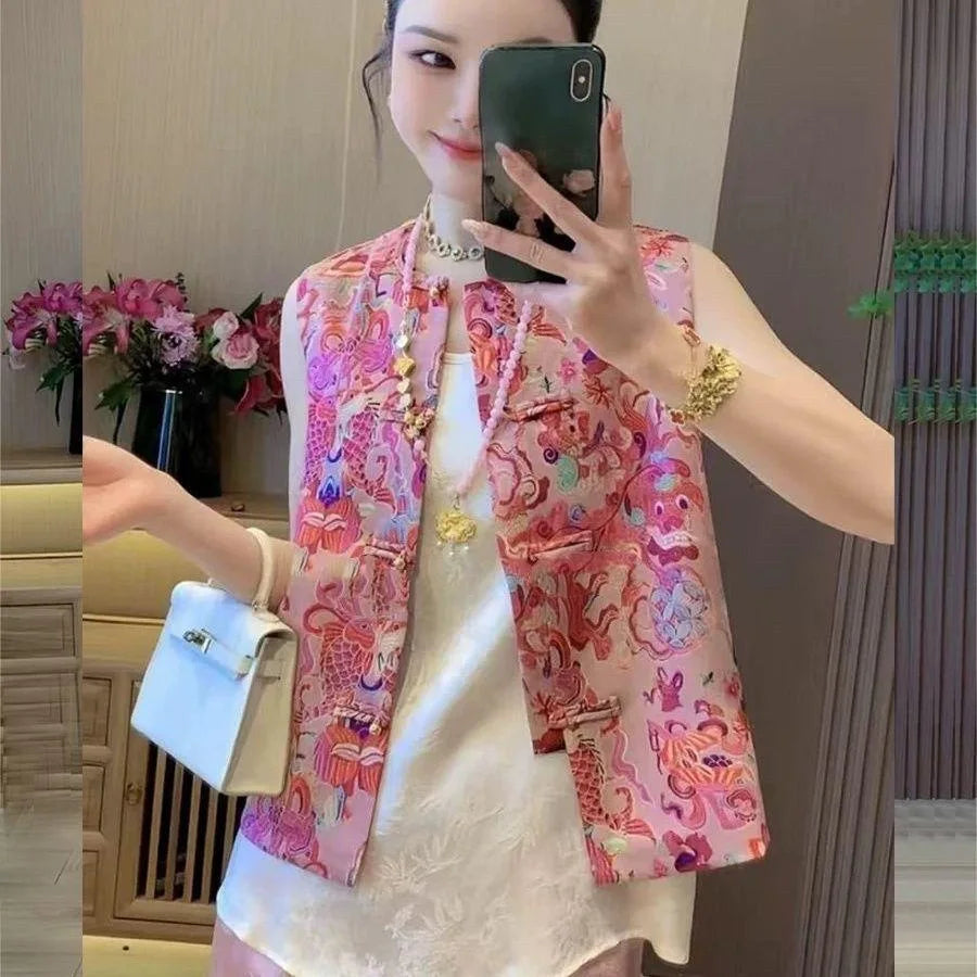 Thin Vest for Women Clothing Ethnic Style Print Vintage Clothes Streetwear Coats Women Jackets Chinese style Casual Summer