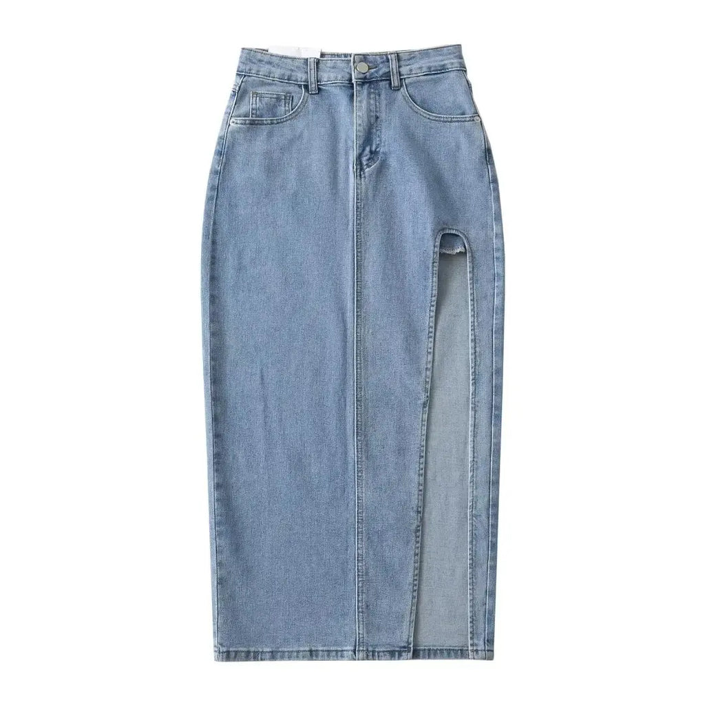 2024 Summer Midi Skirts Vintage Clothes Sexy Skirts For Women Blue Jeans Skirt High Waisted Denim Skirt Split Thigh Denim Skirt