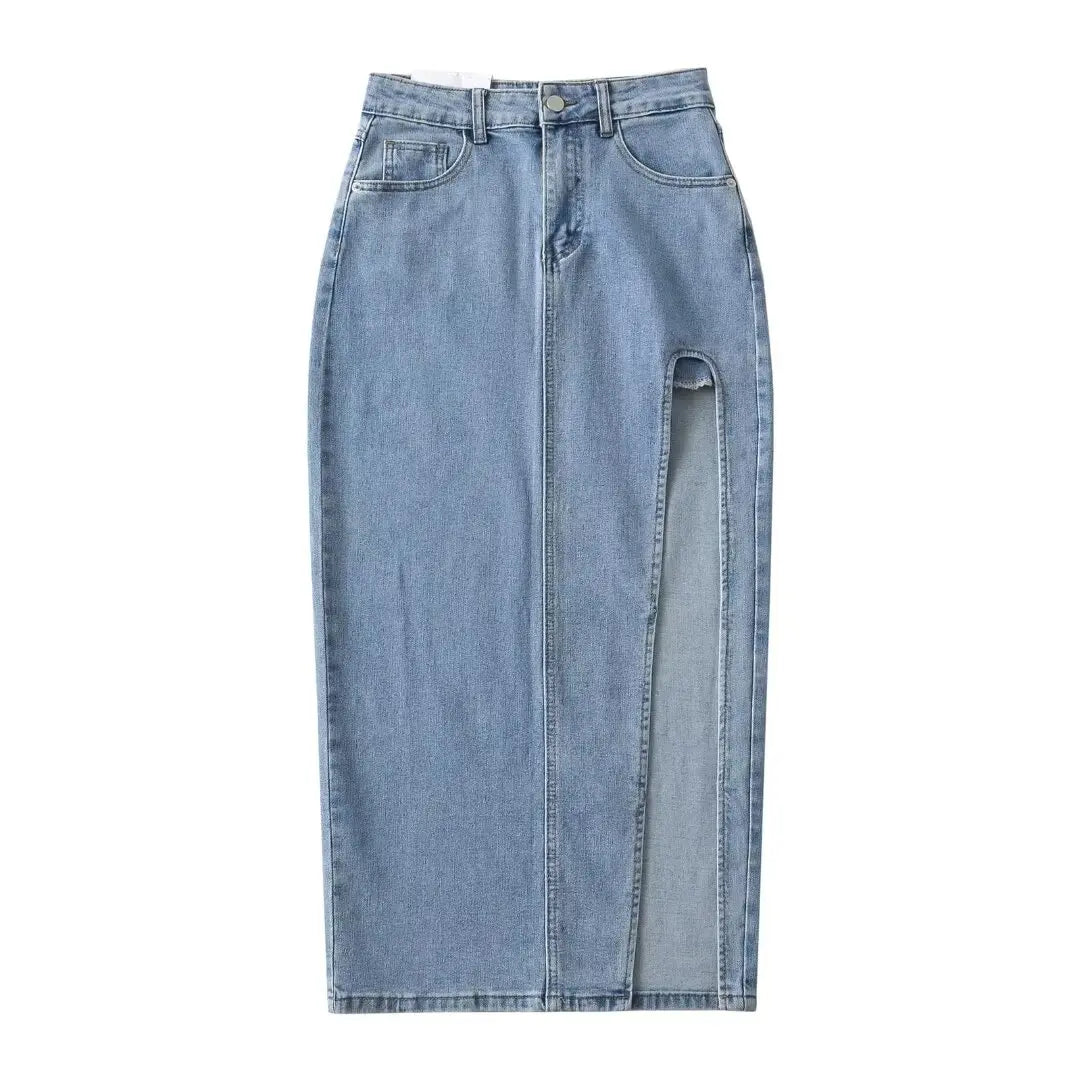 2024 Summer Midi Skirts Vintage Clothes Sexy Skirts For Women Blue Jeans Skirt High Waisted Denim Skirt Split Thigh Denim Skirt