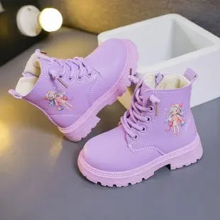 Girls Boots Kids Fashion Rubber Boots Cool Girl Autumn and Winter Cotton Soft Sole Pink with Cartoon Side Zip Princess Round-toe