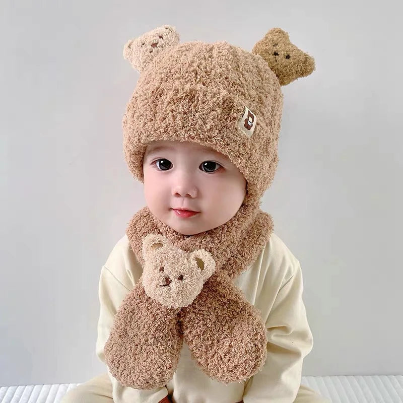 Baby Hat Scarf For Girls Boys Winter Warm Set Cartoon Bear Cold-proof Clothing For Kids Children Stuff Brimless Cap Scarf