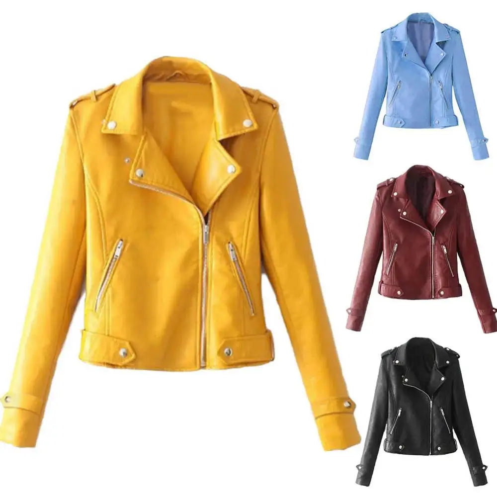Women Faux Leather Jackets Casual Solid Color Lapel Button Lady Clothings Zip Up Slim Fit Comfortable Women's Winter Down Jacket