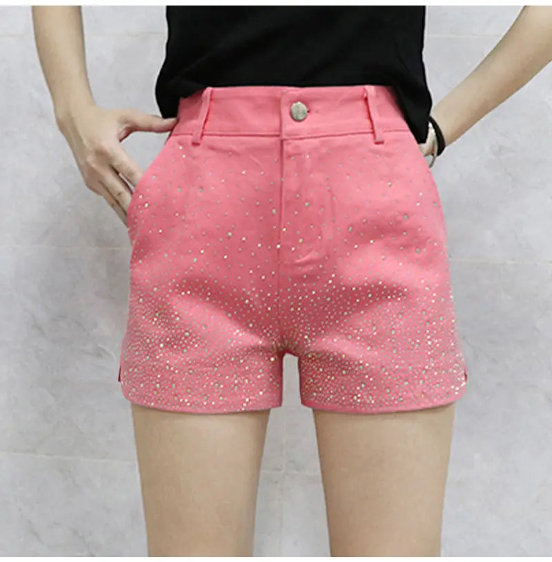 Women's High Waist iny Sequin Denim orts Summer New Sle Korean Version Slimming Elastic Wide Leg A-Line Hot Pants
