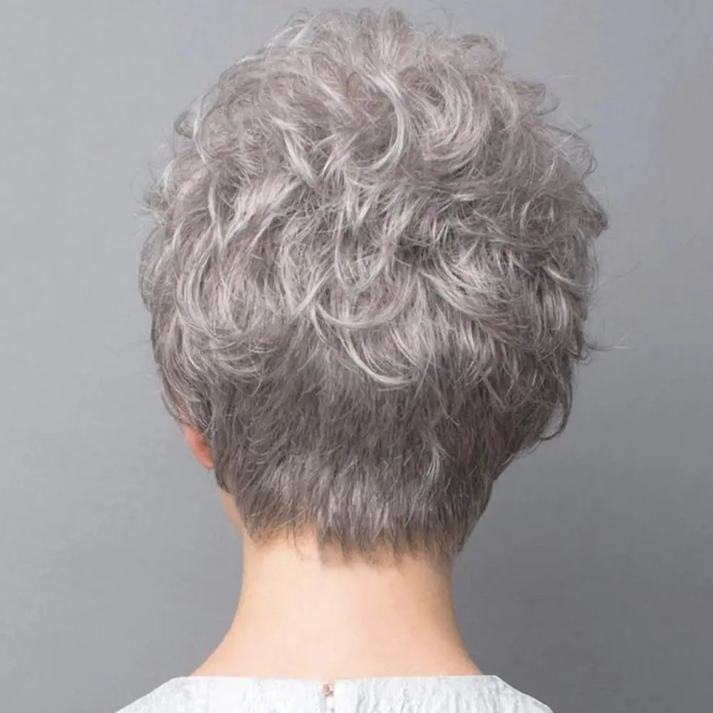 Women Short Natural Wigs with Bangs Soft Mommy Hair Daily Use Short Grey Ombre Curly Synthetic Hair Costume Party Wig