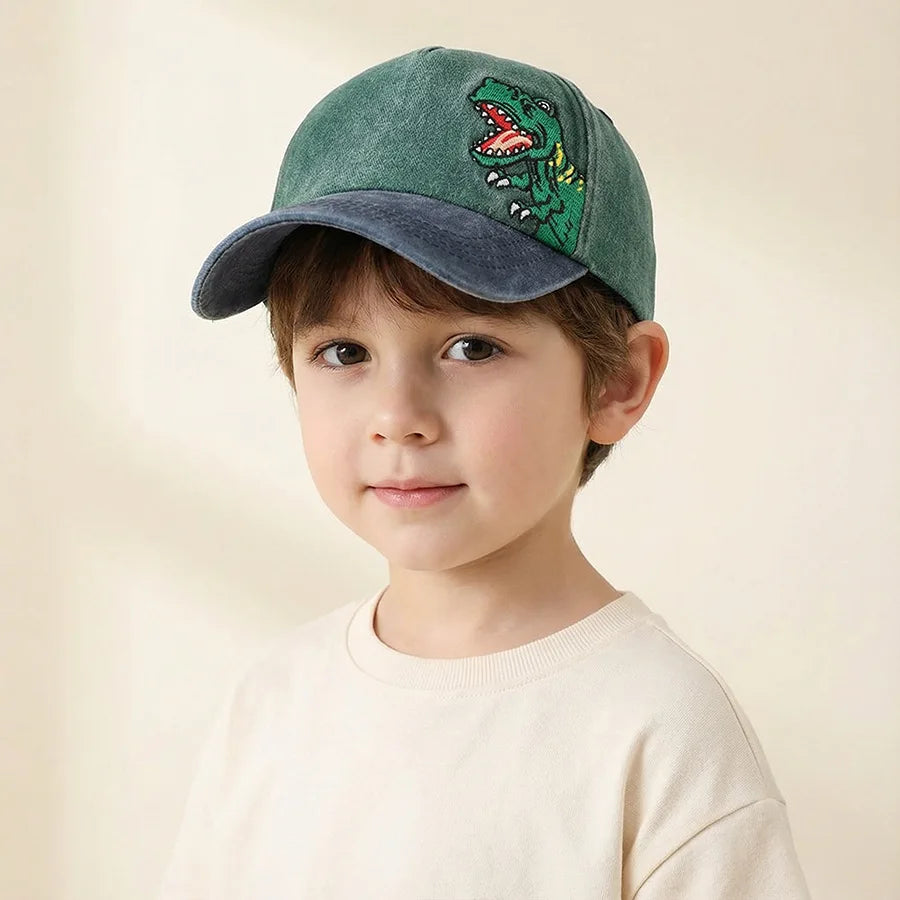 Children's Baseball Caps - Boys and Girls, Plaid Cotton Floppy Baseball Caps, Trendy Kids' Small Dinosaur Sun Protection Hats