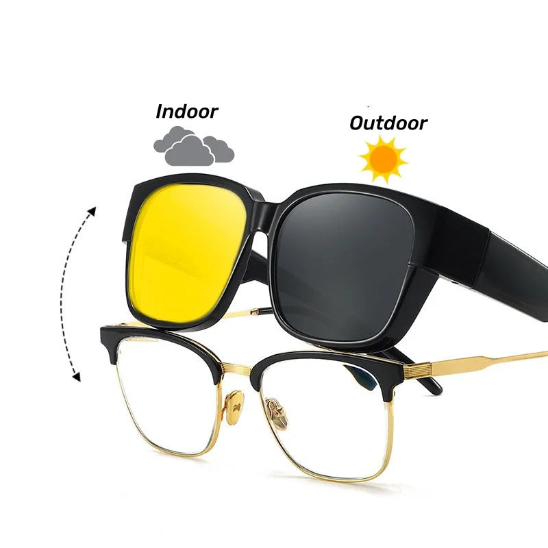 Men Night Vision Photochromic Sunglasses for Driving Women Myopia Sun Glasses Wear Over Retro Square UV Shades Fit Over Glasses