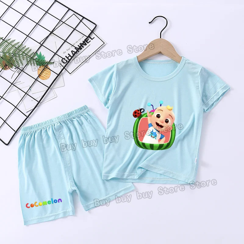 Cocomelons Pajamas Suit Kids Boys Girls Nighty Wears Cool Summer Loungewear Short Sleeve T-shirt Shorts 2pcs Soft Birthday Gift