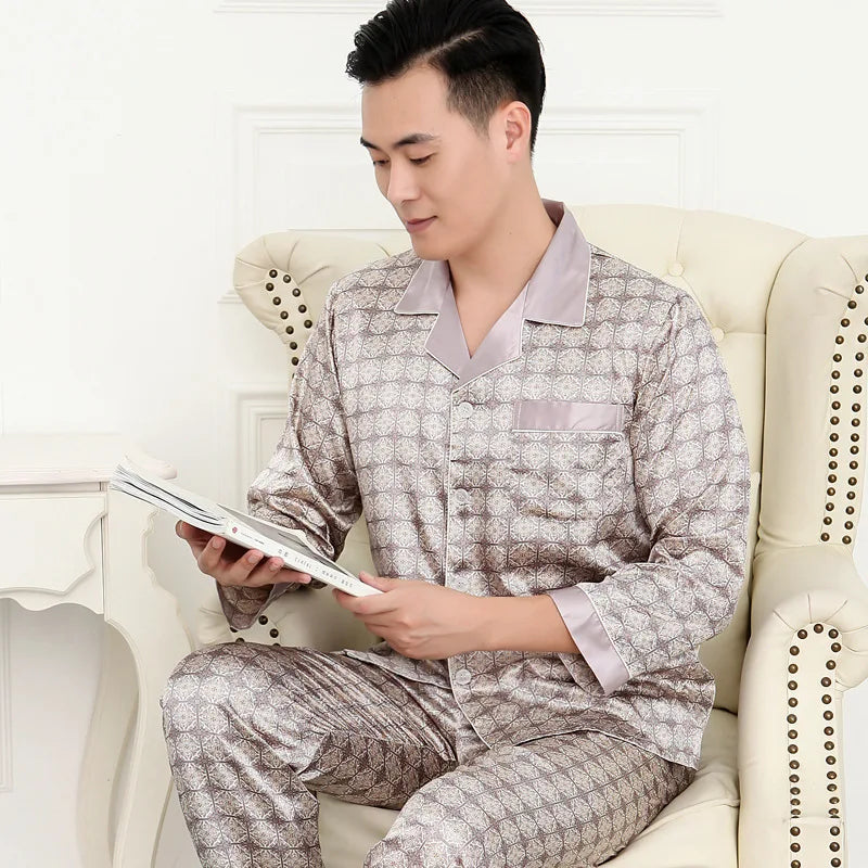 Pajamas Men Spring Summer Thin Ice Silk Luxurious Loose Fitting Home Wear Suit Male Satin Pyjamas Set Night Pajamas Set Men