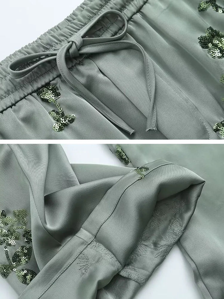 Luxury Women's Sequined satin shirt Long sleeve blouse And Elastic waist long pants 2025 Spring summer Suit Green INEKO 4T005