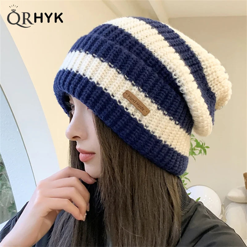 Winter Warm Hats For Women Casual Stacking Knitted Bonnet Caps Men Hats Stripe Hip Hop Unisex Female Beanies