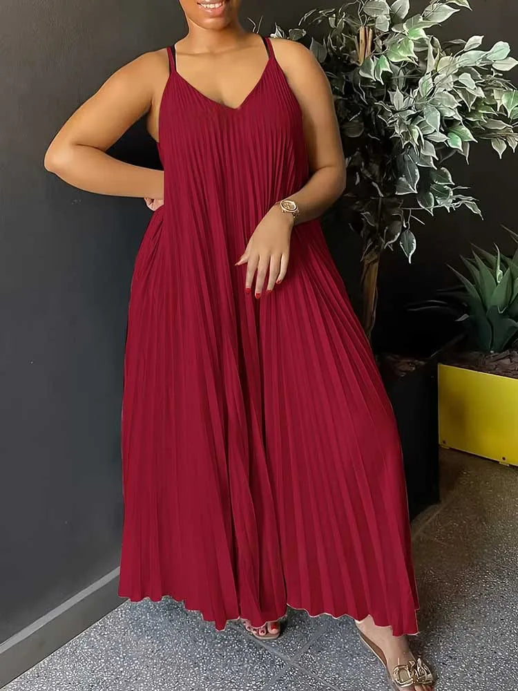 Summer Women Sleeveless Thin Strap Dress V Neck Elegant and Chic Pleated Dress Around Hem Loose Long Soft Dresses Plus Size