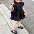 Korean Children's Clothing Girls' Summer Dress Kids Black Fly Sleeved Dress Girls Fashion Kids Outfit Layered Dresses For Girls