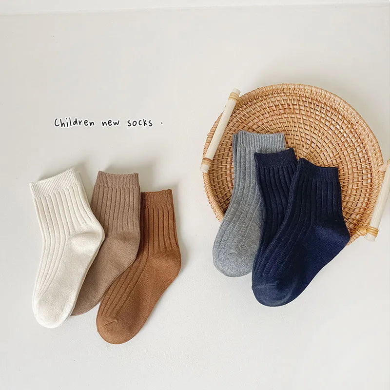 5 Pairs/Lot Children'S Socks Set Solid Color Double Needle Cotton Kids Mid-Tube Socks Candy Color Boys And Girls Student Socks