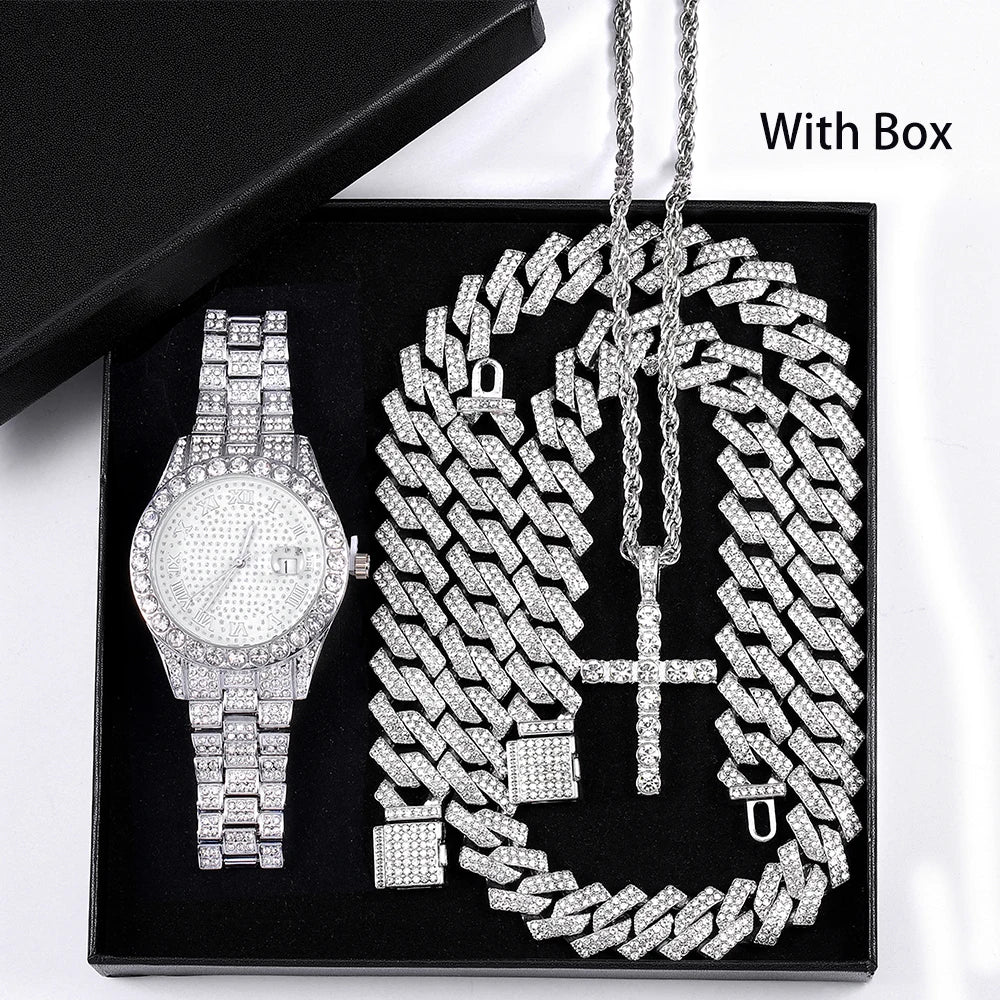 Hip Hop Men's Watch Jewelry Gift Set Glitter Silver Quartz Watch with Cross Pendant Necklace Street Punk Luxury Party Accessory