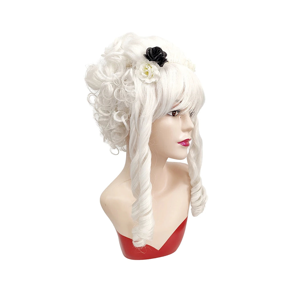 White Curly Updo Synthetic Wig Floral Gothic Rococo Victorian Women Halloween Lolita Cosplay Party Costume Hairpiece