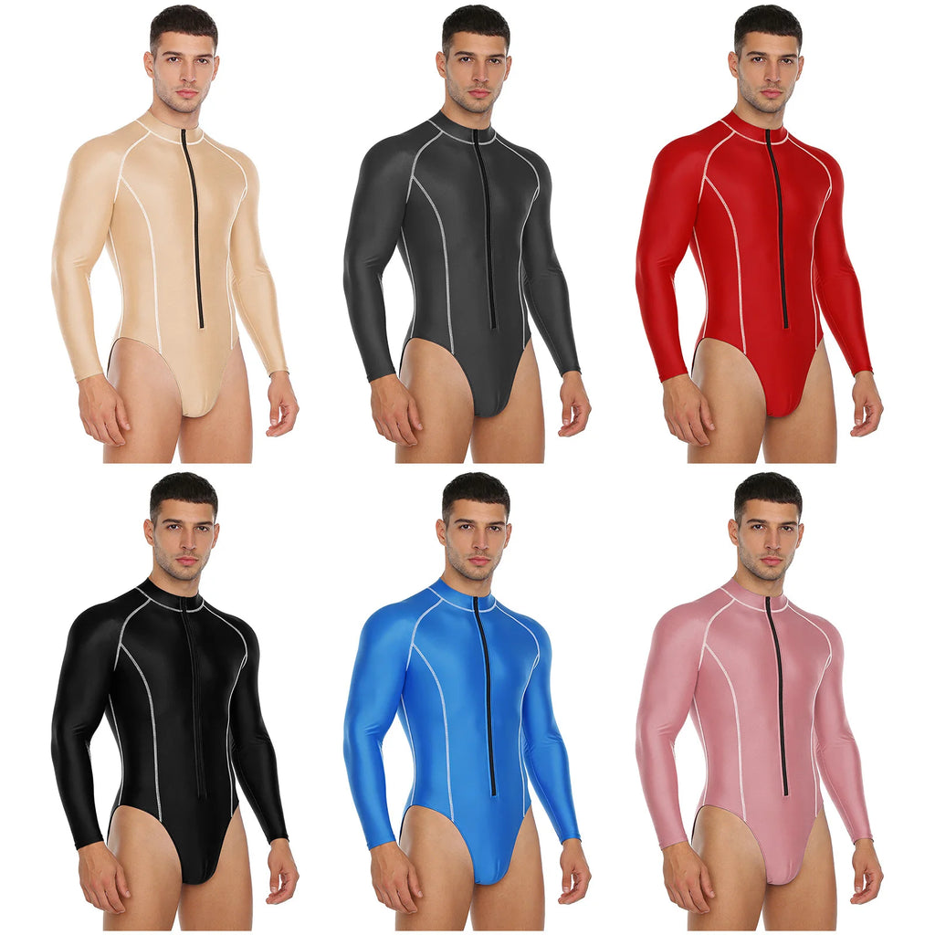 Men Swimsuit Glossy Bodysuit Rash Guard Wetsuit Swimwear Beach Surfing Sports Workout Romper Long Sleeve Zipper Silky Jumpsuit