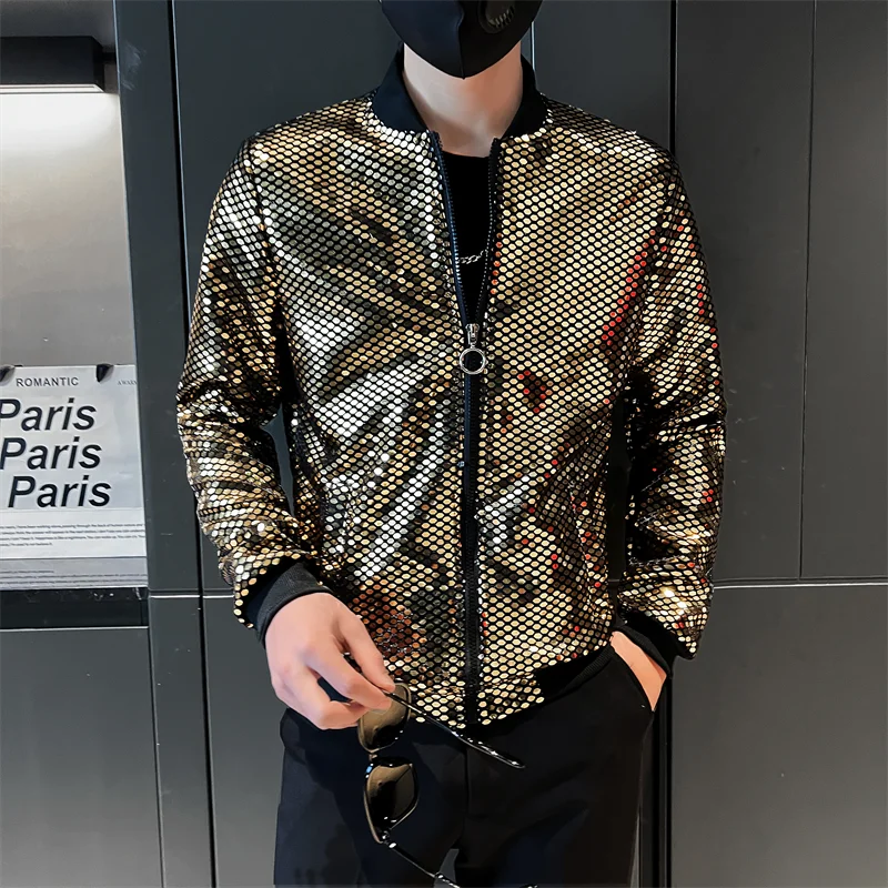 Y2K Mens Jacke Designer Clothes Fashion Cool Sequined Jackets Men Streetwear Night Club Stage Thin Bomber Jacket Techwear Homme