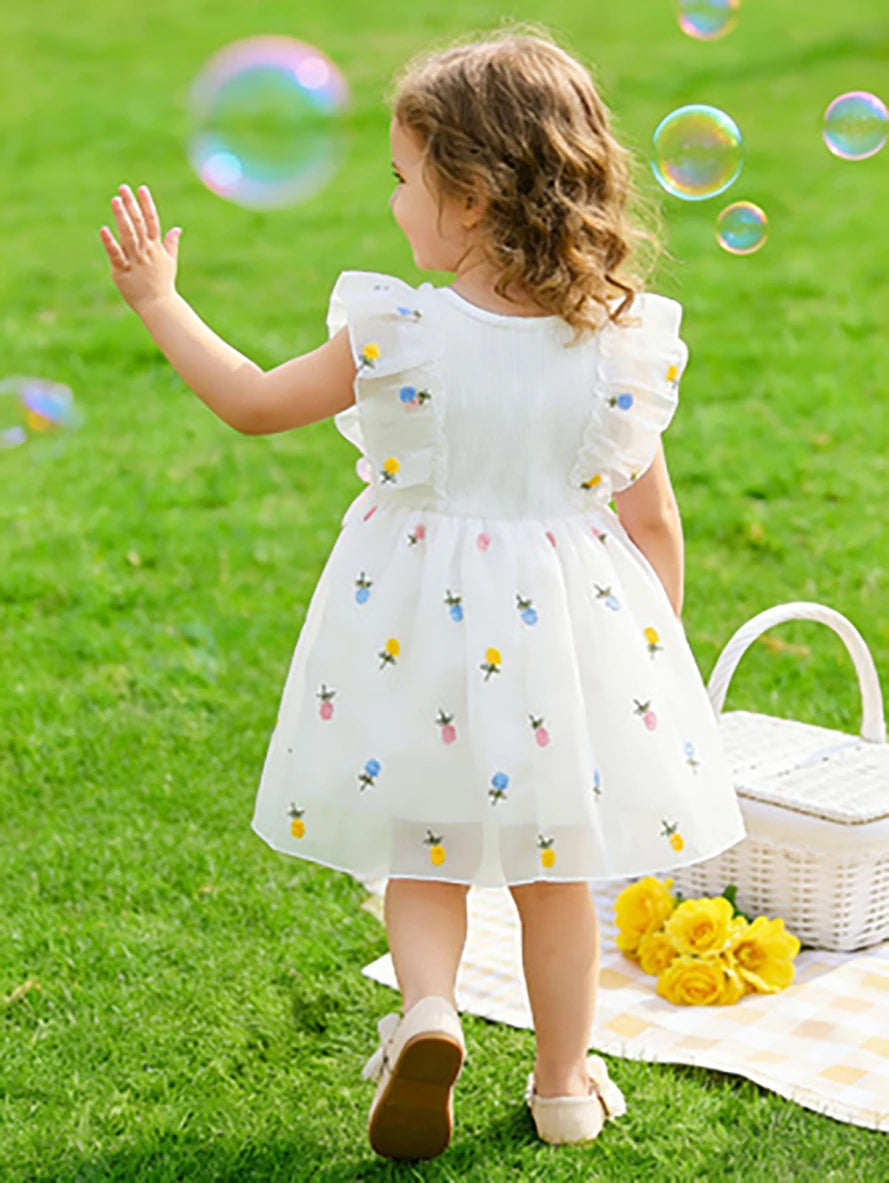 Kids' Forest-Style Flutter Sleeve Tulle Tutu Dress, Girls' Summer Fresh Fruit Print Dress