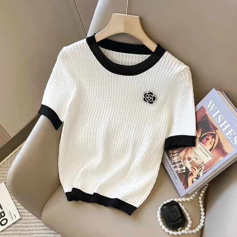 Summer Knitted T-Shirt Women's Round Neck Short Sleeve Loose Sweater Luxury Designer Rose Flower Embroidered Top Women's Clothes