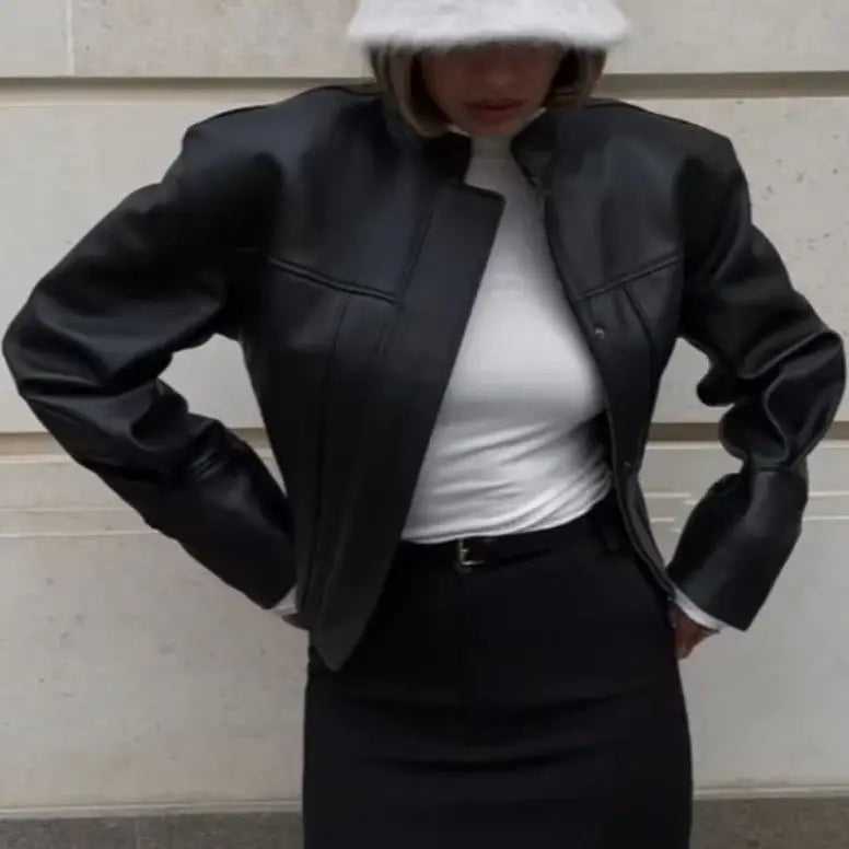 Fashionable Minimalist Leather Jacket Versatile Classic Retro Loose Casual Chic Outerwear Autumn Cool Women Street Wear