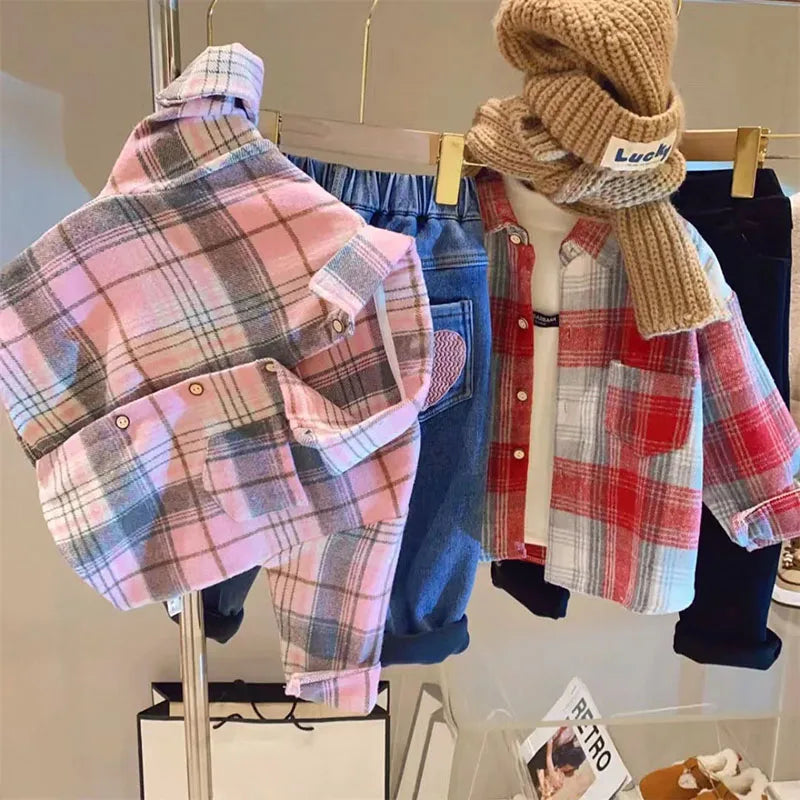 Kid's Long Sleeve Shirts 2-7Y 2024 Autumn Boys Vintage Plaid Shirt Girls Casual Turn Down Collar Blouse Children's Base Tops