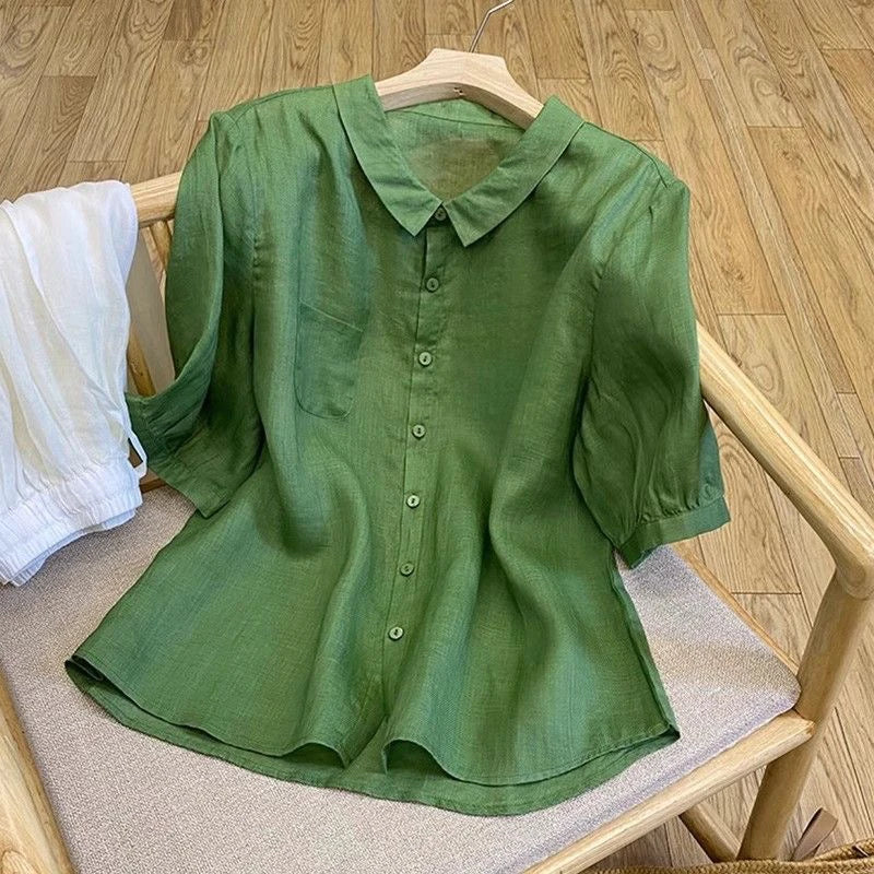Large Size Summer Cotton Linen Set for Mom Casual Faionable Belly Covering Two Piece Suit ort Sve  Collar Button up
