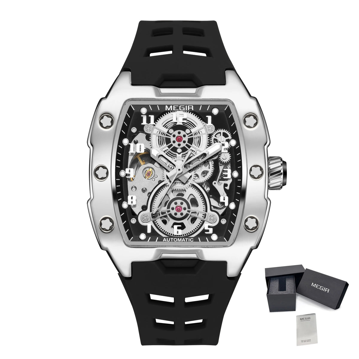 MEGIR Automatic Mechanical Watches for Men 43MM Tonneau Skeleton Dial Man Wristwatch Waterproof Luminous Male Clock Reloj Hombre