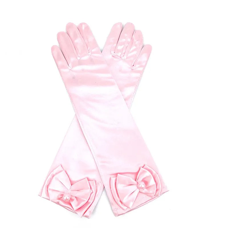 Girls Princess Accessories Kids Satin Bow Elsa Cinderella Gloves for Costume Children Birthday Halloween Party Cosplay Gift