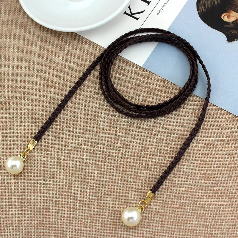 [F] Women Simple PU Leather Belt Boho Tassel Braided Self-Tie Belt Thin Waist Rope Belt