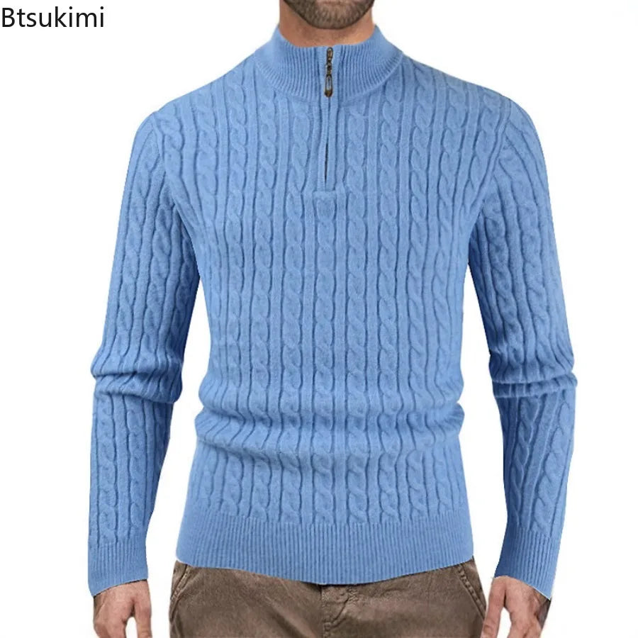 New Men's Warm Knitted Sweaters Standing Neck Zipper Autumn Winter Warm Tops Solid Color Jacquard Long Sleeve Pullovers for Men