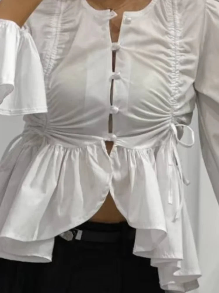 Women's Shirt Flare Sleeve Single Breasted Ruffle Hem Solid Female Shirts 2026 Fashion Spring Summer 2026 Elegant Cropped Tops