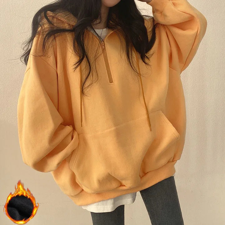 Women Hoodie Harajuku Loose Oversized Solid Color Top Half Zip Up Sweatshirt Female Casual Long Sleeve Pocket Hooded Coats 2025