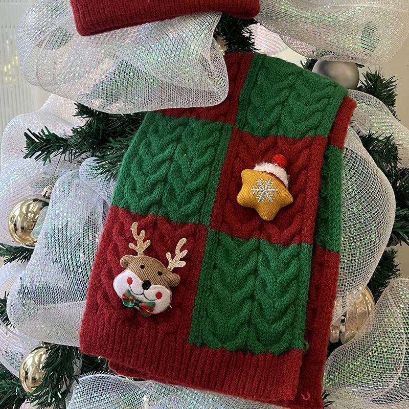 Kids' Christmas Knitted Wool 2in1 Scarf & Beanie Set - Winter Warm, Festive Decor, Unisex