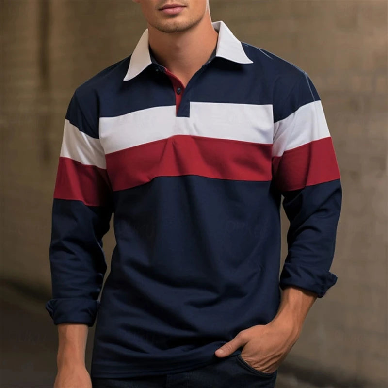 Simple Striped Long Sleeve Polo Shirts For Men Fashion Daily Wear 3D Printed Golf Polo Shirt Casual Oversized Lapel Button Tops